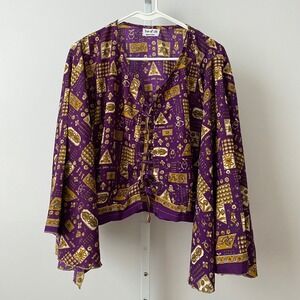 Tree of Life Boho Fairy Bell Sleeves Lace Up Geometric Purple Top One Size